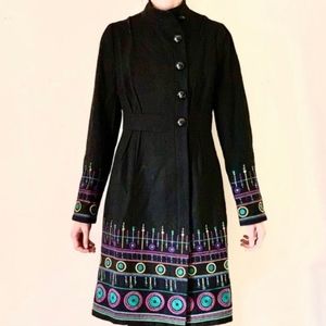Plenty by Tracy Reese Black Wool Blend Coat with Jewel Tone Embroidery 2